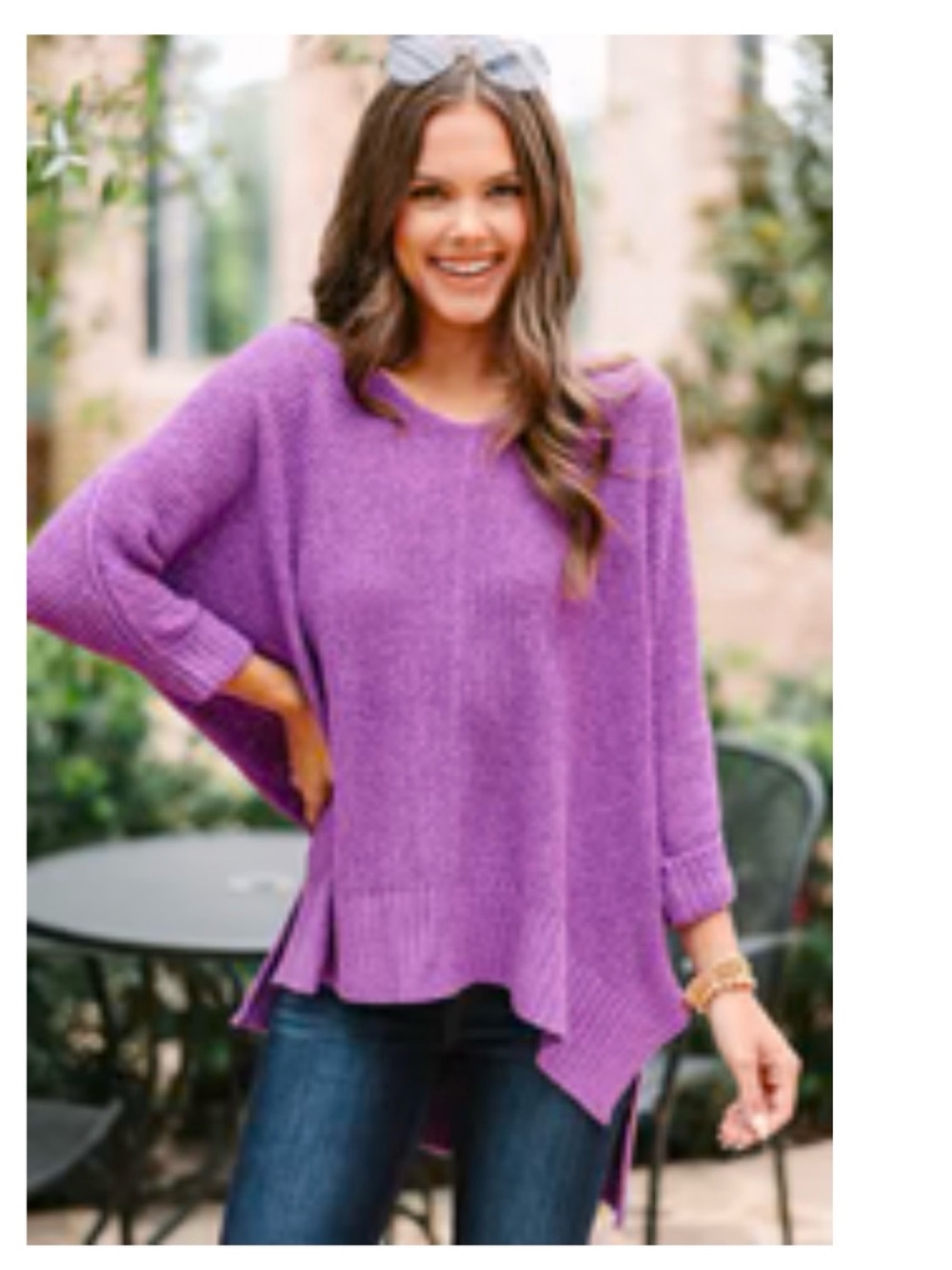 Relaxed V-Neck Knit Sweater in Purple